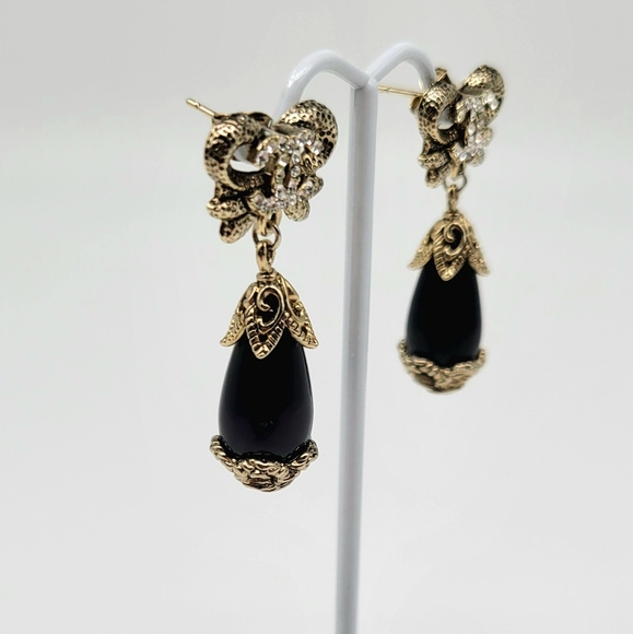 SOLD-Chanel Swarovski Crystal and Onyx Glass Bow Dangle Logo Earrings Light Gold - Picture 9 of 13